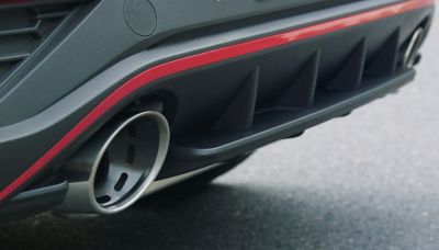 Detail of the dual exhaust pipes of the new Hyundai i30 N performance hatchback.